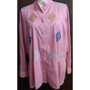 J Jill Embroidered Button-Front Tunic Top Collared Pink Size Medium Petite MP PM